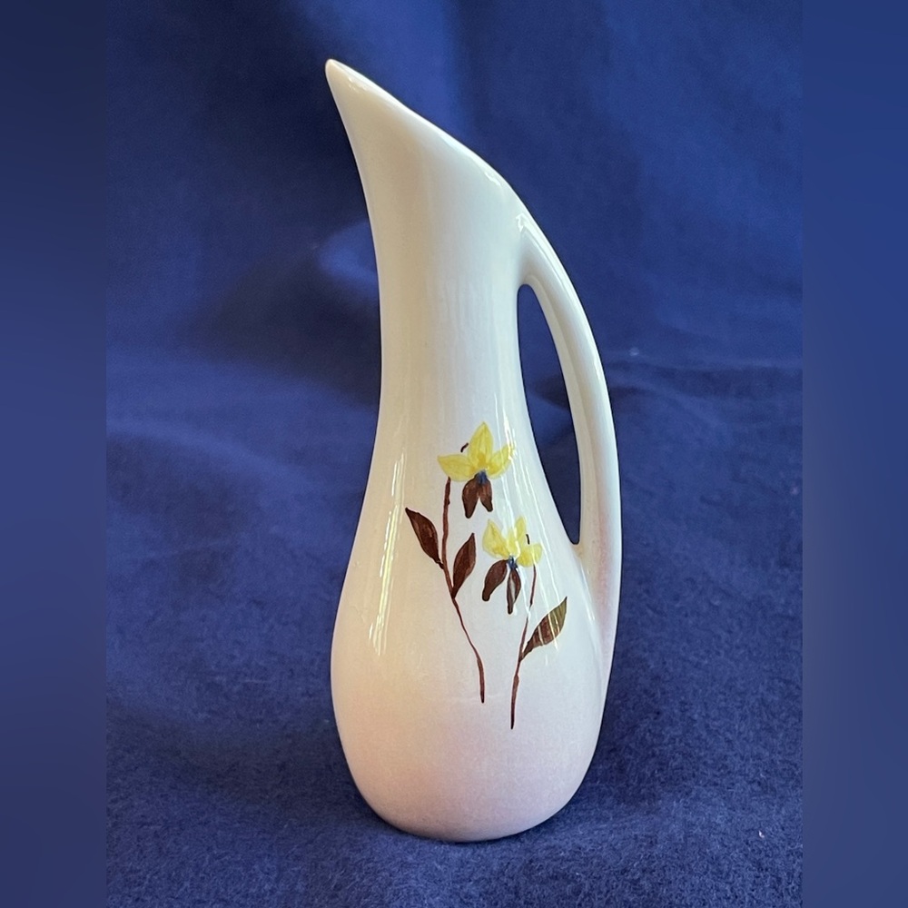 Vintage Miniature Pitcher Vase White W/Light Pink Bottom Floral Brown W/Yellow